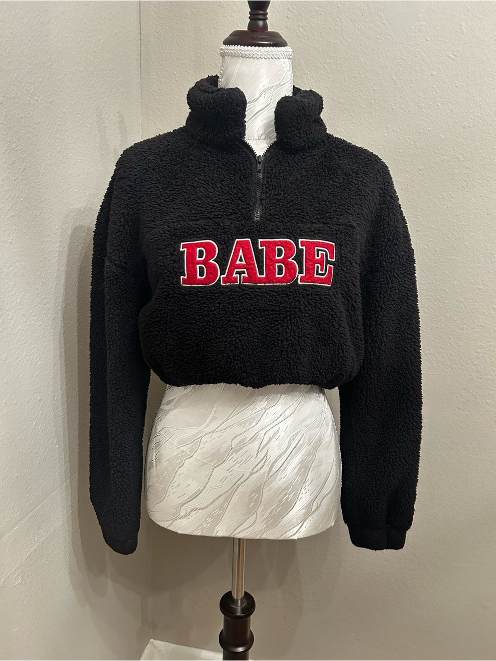 SHEIN Black Sherpa Half-Zip Sweater with Red 'BABE' Applique